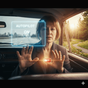 Frau sitz in einem Wagen. Sinnbild für Leben, und beendet den Autopilotmodus und übernimmt das Steuer