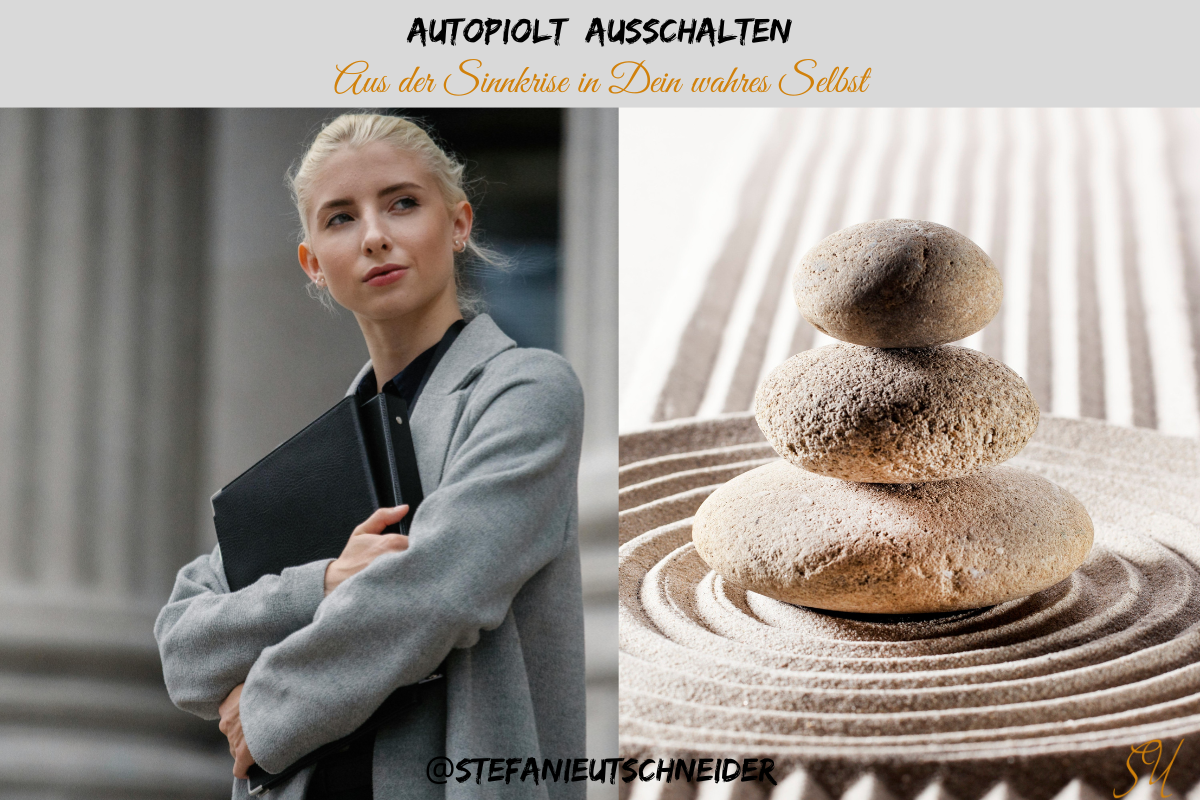 Frau in Business Look mit Bild von Steine für innere Ruhe