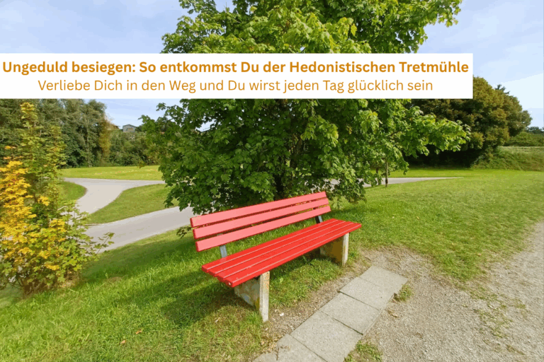 Eine rote Bank auf einem Weg im Grünen mit Textschrift zur Besiegung zur Ungeduld